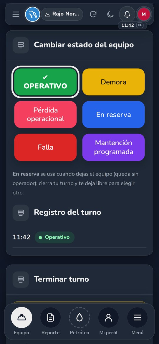 Pantalla del operador con los seis estados del equipo para elegir